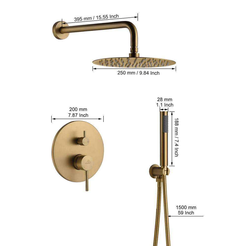 Brushed Gold Stainless Steel Wall Mounted Rain Shower System
