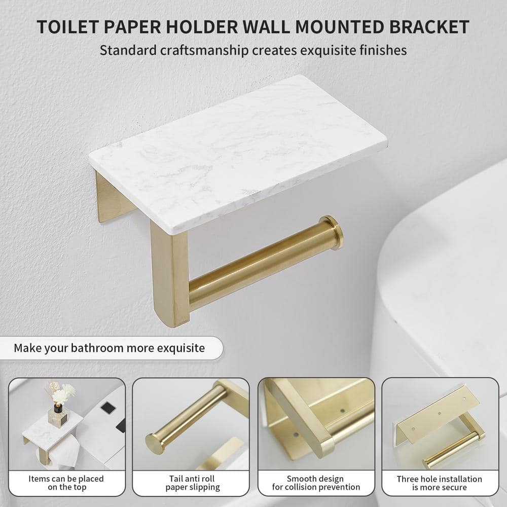 Brushed Gold Wall Mounted Toilet Paper Holder with Marble Shelf