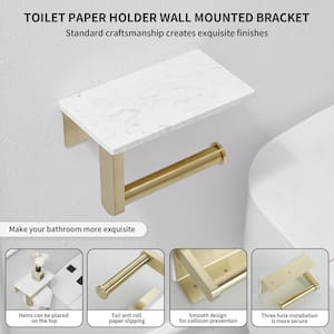 Wall Mount Toilet Paper Holder With Natural Marble Shelf Tissue Storage Holder In Brushed Gold
