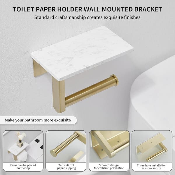 Wall Mount Toilet Paper Holder With Natural Marble Shelf Tissue Storage Holder In Brushed Gold