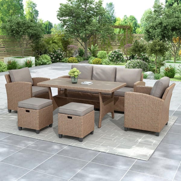 6-Piece Wicker Outdoor Sectional Set, Dining Sets Patio Garden Backyard Sofa with Gray Cushion