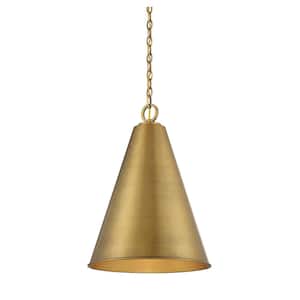 18 in. W x 27.75 in. H 1-Light Natural Brass Shaded Pendant Light with Metal Cone Shade