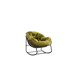 Deluxe Oversized Wicker Rattan Steel Frame Padded Outdoor Rocking Chair with Olive Green Cushion