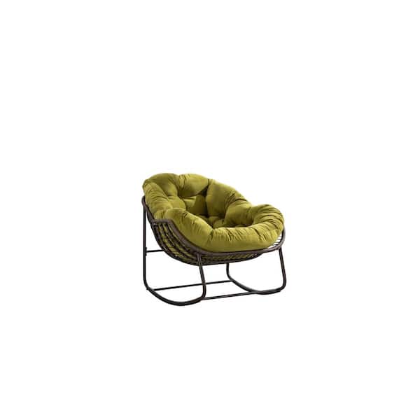 HOMEFUN Deluxe Oversized Wicker Rattan Steel Frame Padded Outdoor Rocking Chair with Olive Green Cushion