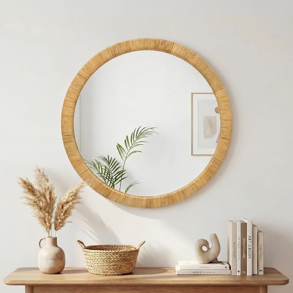 Nova 35.80 in. W x 35.80 in. H Natural Rattan Round Wall Mirror