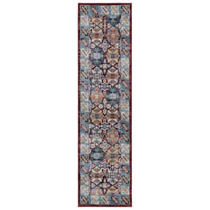 Bayside Blue/Red 2 ft. x 8 ft. Border Trellis Geometric Runner Rug