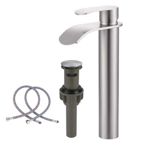 Modern Single Handle High-Arc Single Hole Bathroom Faucet with Pop Up Drain Included and Waterfall in Brushed Nickel
