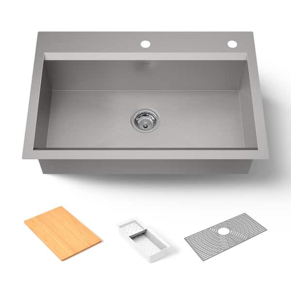 Task Workstation 33 in. Drop-In Single Bowl Stainless Steel Kitchen Sink with 2-Faucet Holes