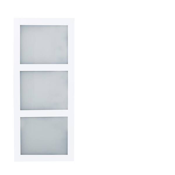 TRUporte 36 in. x 84 in. Bright White Solid Core Frosted 3 Lite Barn Door  with Rustic Matte Black Hardware Kit ES61-W1-BW-3TG - The Home Depot