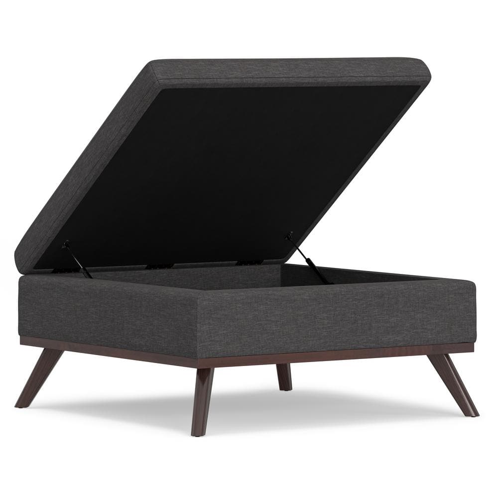 Slate Gray Linen Mid-Century Modern Storage Ottoman