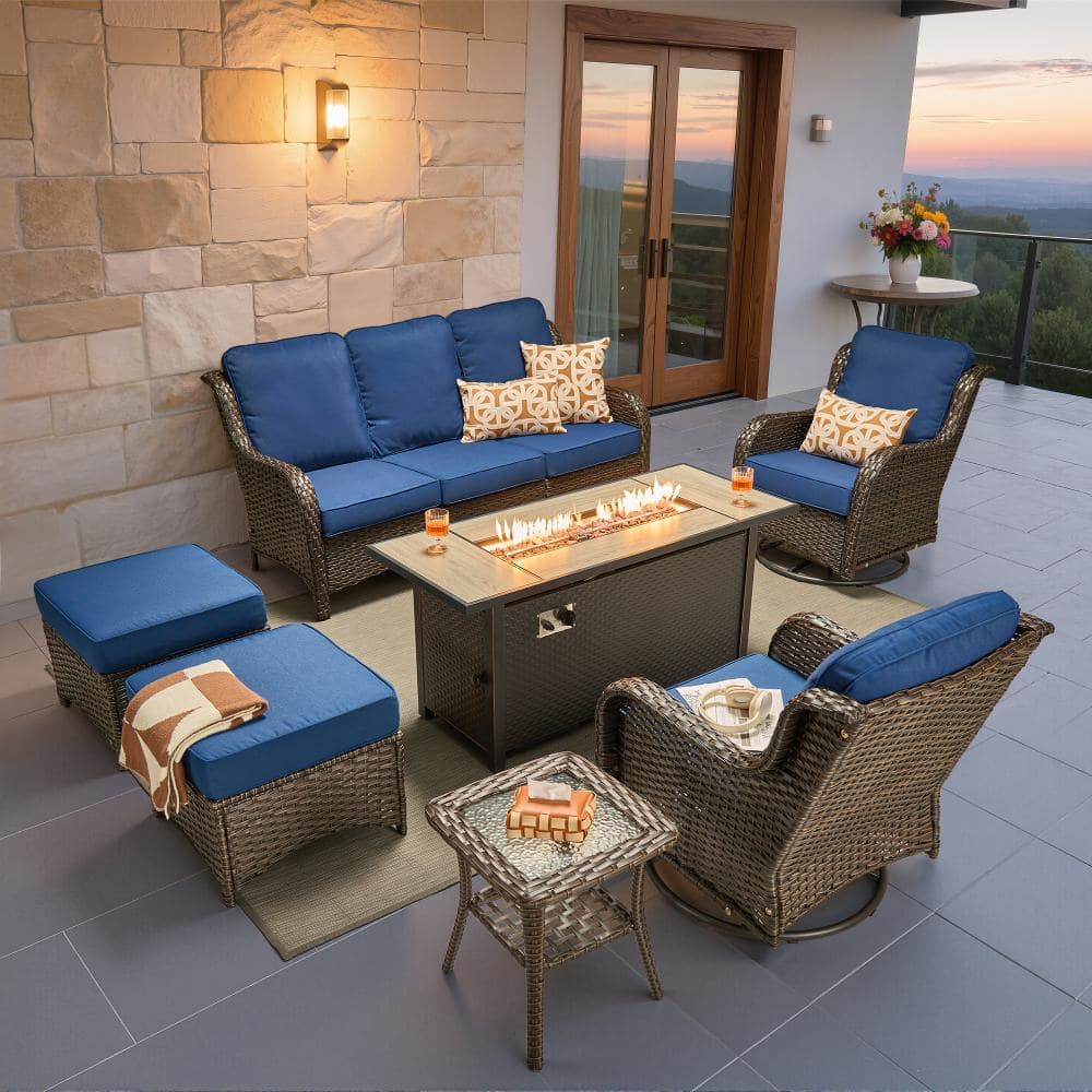 "Newport Brown Wicker 7-Piece Patio Conversation Sofa Swivel Chairs Set with Navy Blue Cushions and 54"" Metal Fire Pit" price history on PriceWatchPro