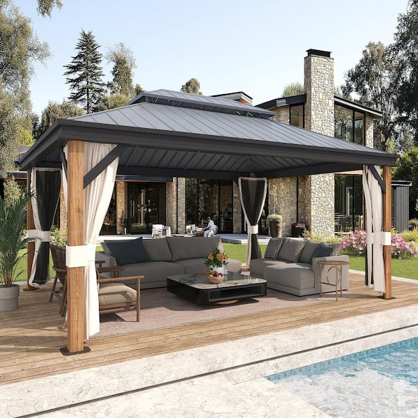 INMITOM 12 ft. x 16 ft. Wood Grain Aluminum Gazebo with Double Steel Roof, Mosquito Netting, Curtains, and Ceiling Hook