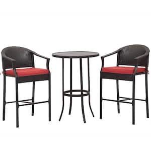3-Piece Black Metal Frame Outdoor Serving Bar Set with Red Cushions For Patio, Balcony, 2 Chairs and 1 Coffee Table