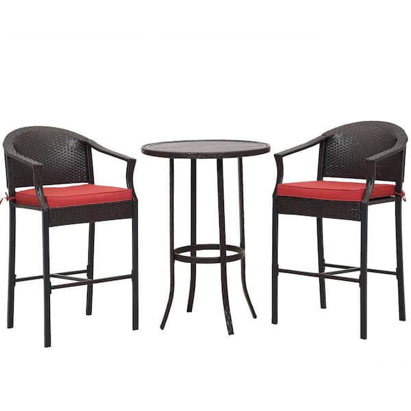 Zeus & Ruta 3-Piece Black Metal Frame Outdoor Serving Bar Set with Red Cushions For Patio, Balcony, 2 Chairs and 1 Coffee Table