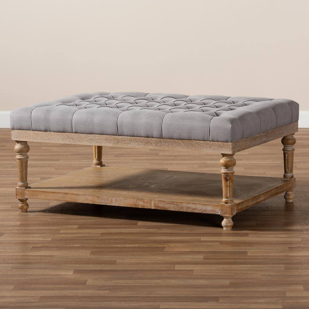 Lindsey Grey Linen and Greywashed Wood Tufted Cocktail Ottoman