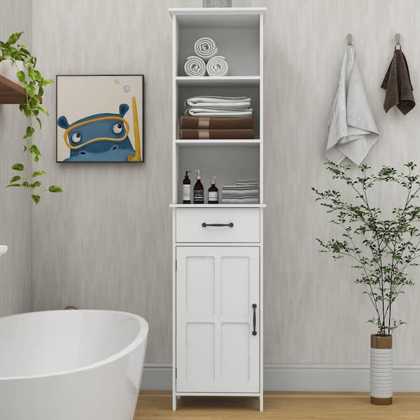 15.75 in. W x 11.81 in. D x 64.96 in. H White MDF Freestanding Storage Cabinet Linen Cabinet with Adjustable Shelves