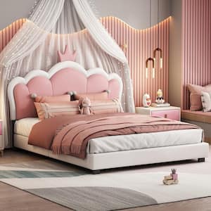 Wood Frame Full Size Upholstered Princess Platform Bed with Crown Headboard,White/Pink