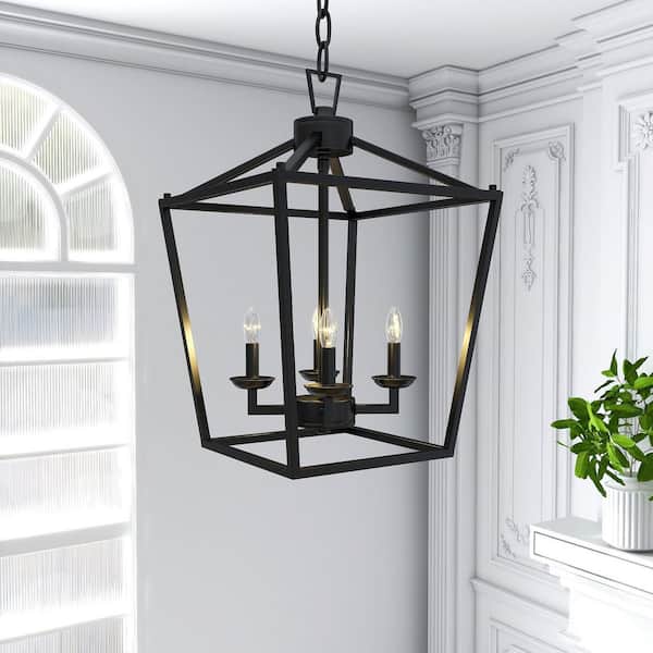 4-Light Matte Black Cage Lantern for Kitchen Entrance Foyer Farmhouse Chandelier