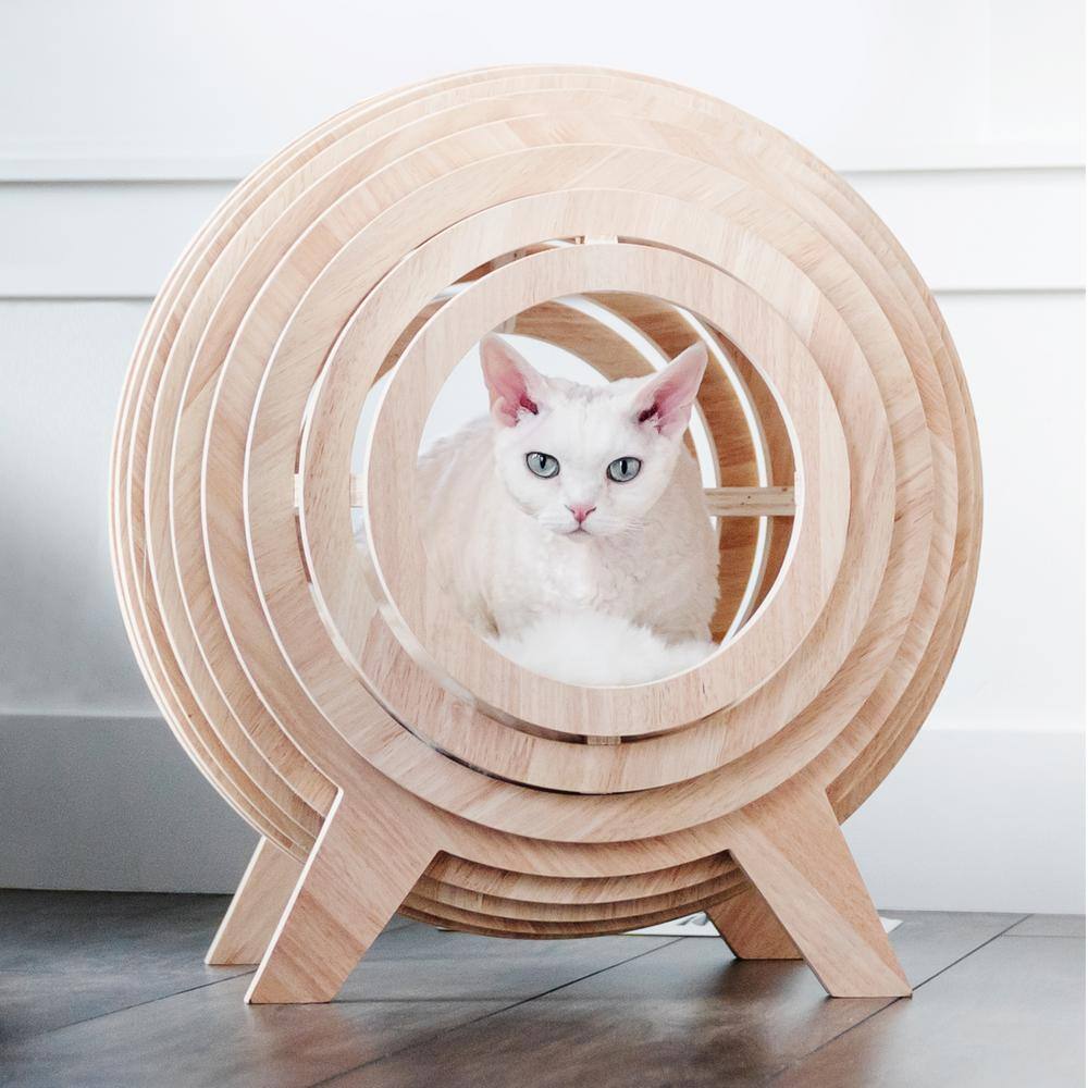 Medium Beige Wooden Sphere Cat Bed with Faux Fur Cushion