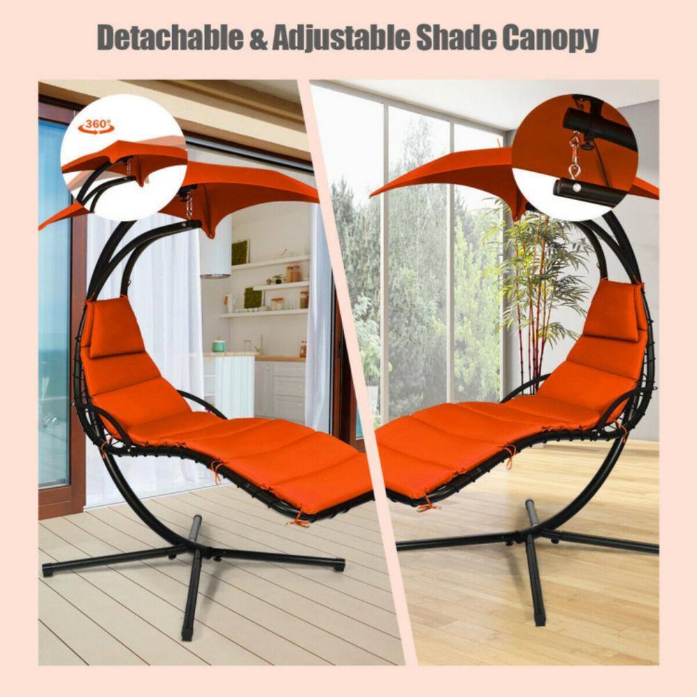 Orange Hanging Chaise Lounge Chair with Cushions and Canopy