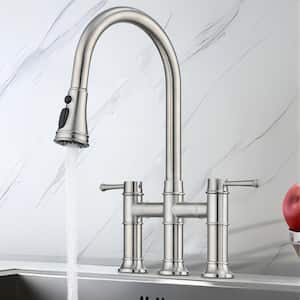 Double-Handle 360-Degree Swivel Spout Bridge Kitchen Faucet with Pull-Down Spray Head and 3 Modes in Brushed Nickel