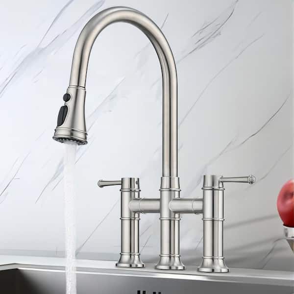 UPIKER Double-Handle 360-Degree Swivel Spout Bridge Kitchen Faucet with ...