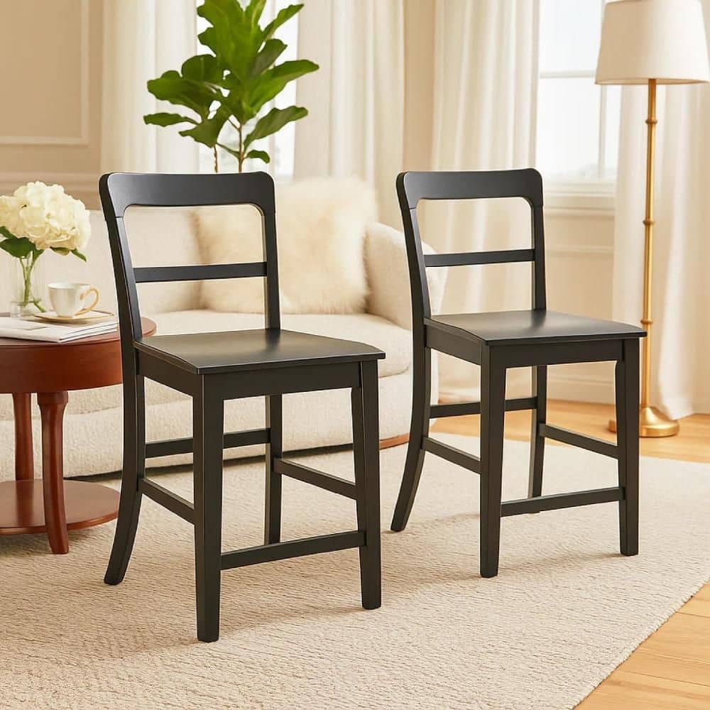 Gela 38.5 in. H Black High Back Wood Counter Bar Stool with Stylized Ladder Back and Plank Seat