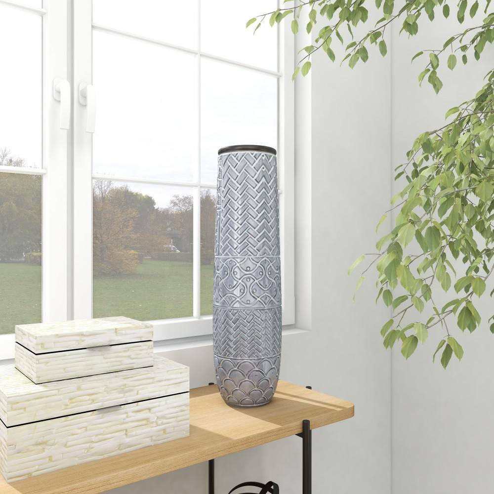 Gray Ceramic Eclectic Decorative Floor Vase with Patterns, 22"