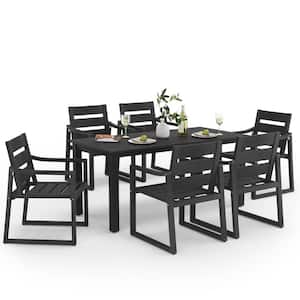 7-Piece Black Recycled Plastic HDPS Outdoor Dining Set All Weather Indoor Outdoor Patio Table and Chairs with Armrest