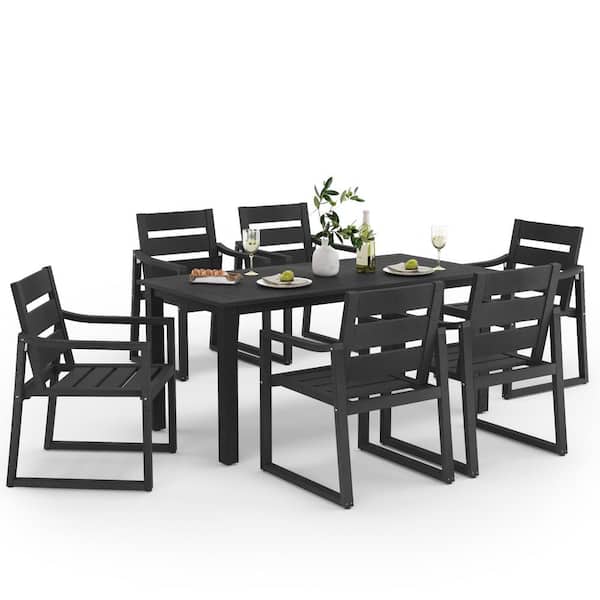 LUE BONA 7-Piece Black Recycled Plastic HDPS Outdoor Dining Set All Weather Indoor Outdoor Patio Table and Chairs with Armrest