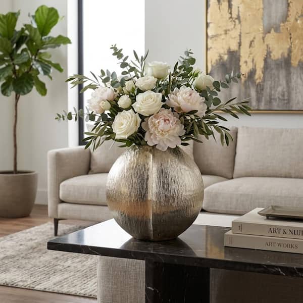 Liv & Skye 10.25 in. Gold Metal Round Decorative Vase 22607