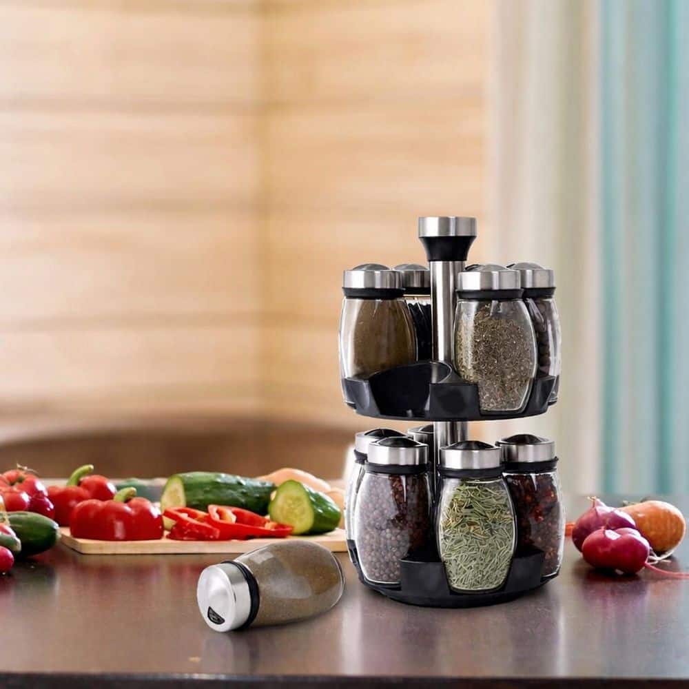 UUDULY Rotating Black Spice Rack Organizer with 12 Empty Jars ...