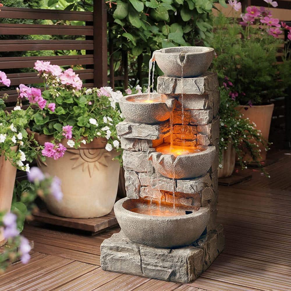 Stone Gray Cascading Bowls and Stacked Stones LED Outdoor Fountain