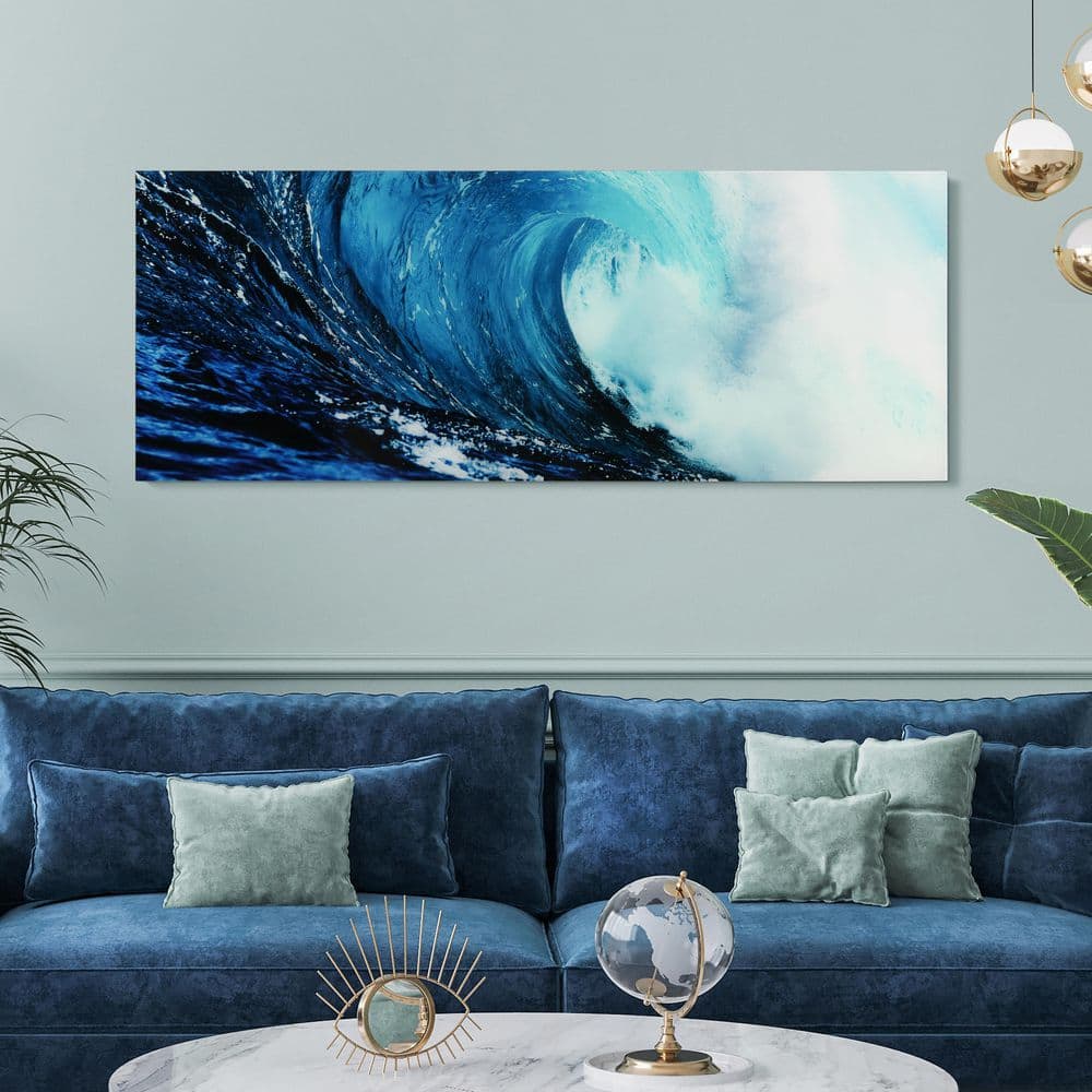 Blue Wave Abstract Tempered Glass Wall Art, 24" x 63"