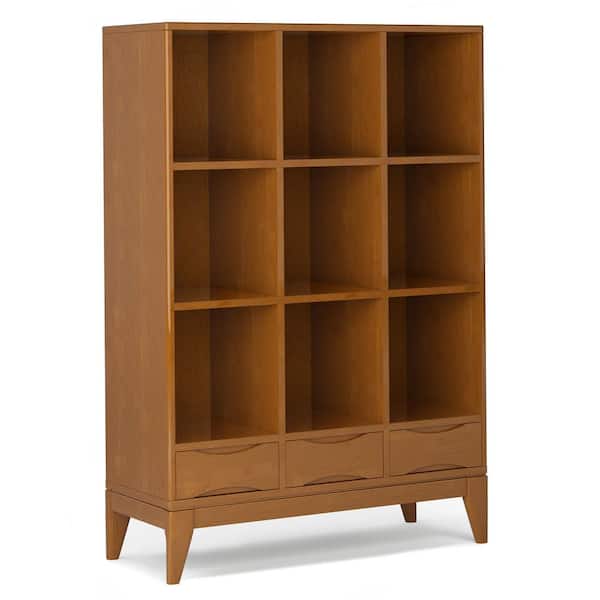 Simpli Home Harper 58 in. Tall Teak Brown Solid Hardwood Mid Century Modern 9-Cube Storage Bookcase with Drawers