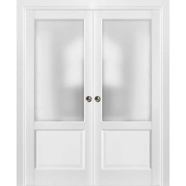 1422 48 in. x 80 in. 1 Panel White Finished Pine Wood Sliding Door with Double Pocket Hardware