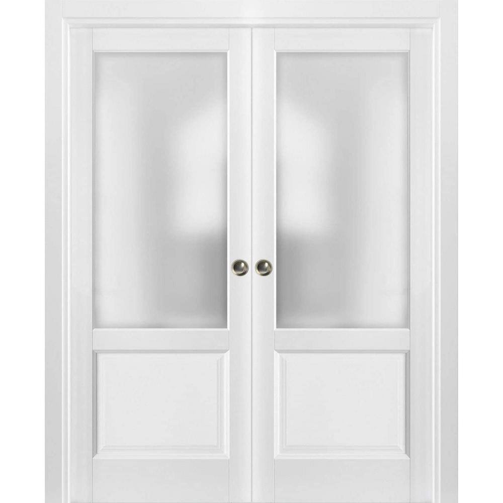 Matte White Double Pocket Doors with Frosted Glass Panels