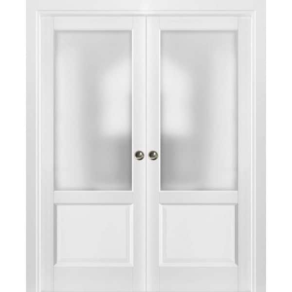 Sartodoors 56 in. x 96 in. 1 Panel White Finished Pine Wood Sliding Door with Double Pocket Hardware