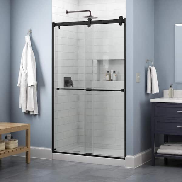 Delta Lyndall Contemporary 43-3/8 to 47-3/8 in. W x 71 in. H Frameless Sliding Shower Door, Matte Black, Clear Glass