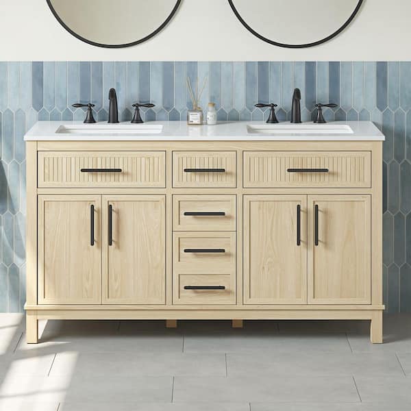 Riley 60 in. Double Sink Light Birch Bath Vanity with White Engineered Stone Top (Assembled)