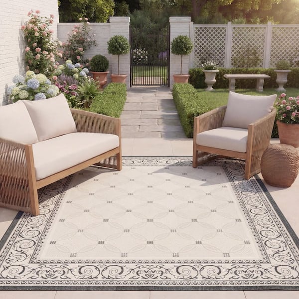 Courtyard Sand/Black 8 ft. x 11 ft. Border Indoor/Outdoor Patio  Area Rug