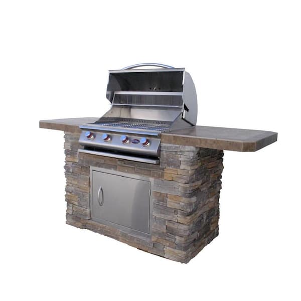 Cal Flame Bistro 470, 7 ft. Natural Stone BBQ Island with 4-Burner Grill