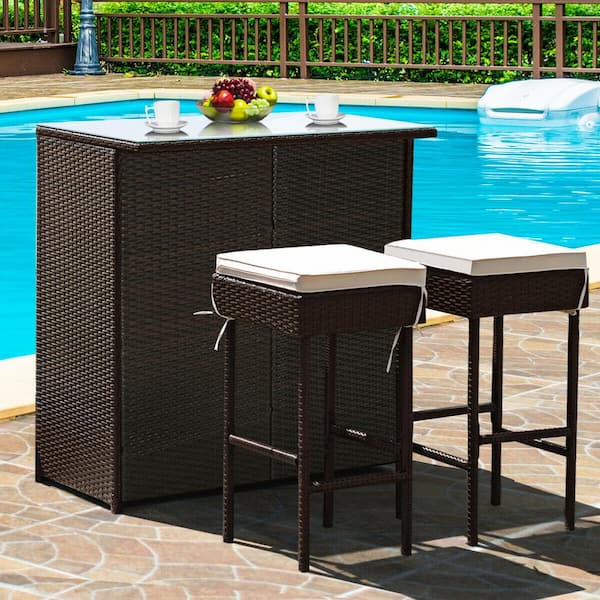 Unbranded 3 Piece Rattan Wicker Outdoor Serving Bar Set with 2 Beige Cushions