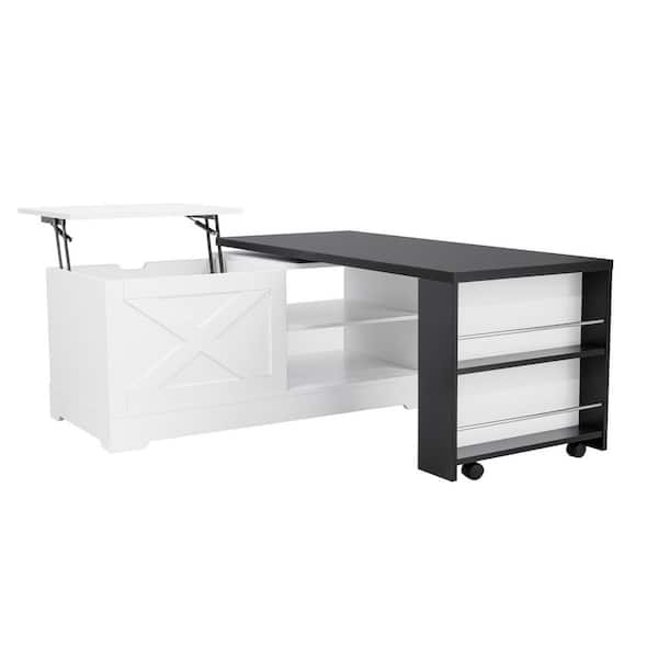 52.36 in. White Rectangle MDF Coffee Table with Cabinet, Movable Side Layers and Lift Top