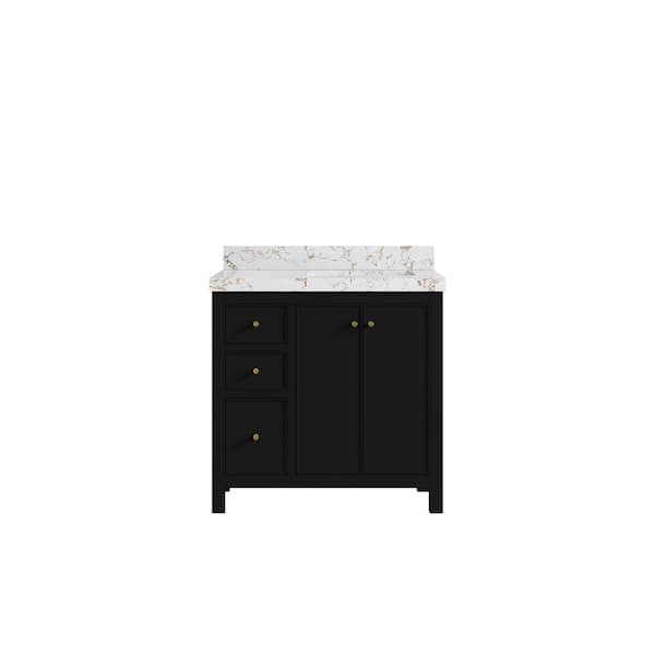 Willow Collections Chicago 36 in. W. x 22 in. D x 36 in. H Right Offset Sink Bath Vanity in Black with 2 in. Viola Gold Qt. Top