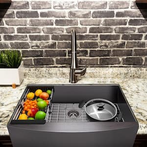 Matte Black Finish Stainless Steel 30 in. x 20 in. Single Bowl Farmhouse Apron Mount Kitchen Sink with Accessories