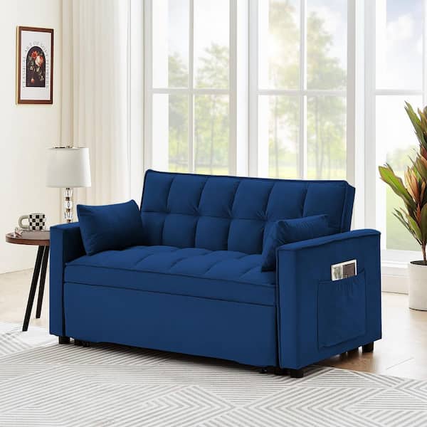 55 in. W 3-in-1 Convertible Velvet Sleeper Sofa Bed with 2 Pillows, Blue, 2-Seater Loveseat