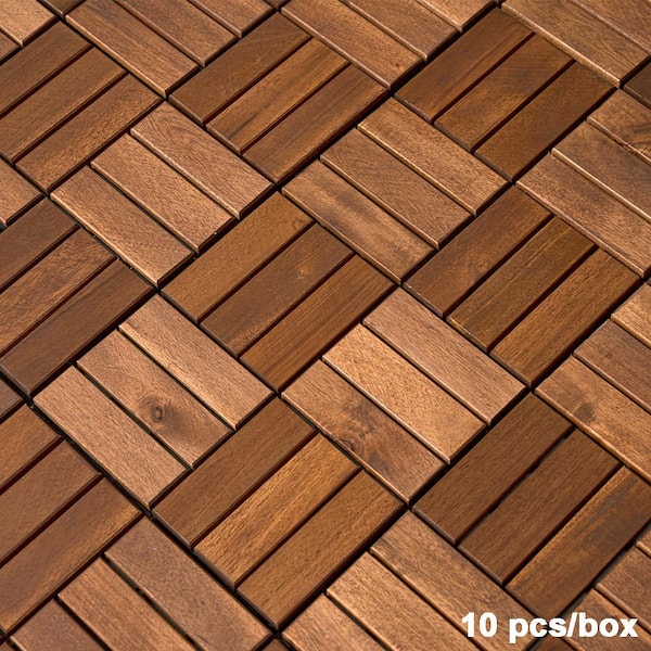 BTMWAY 1 ft. x 1 ft. Square Interlocking Acacia Wood Quick Patio Deck Tile Outdoor Checker Pattern Flooring Tile (10 Per Box)