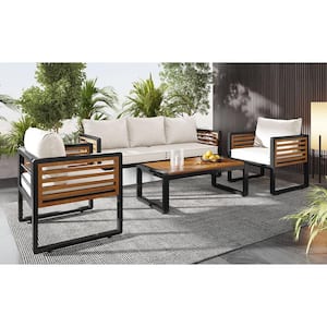 Wood 5-Seat 4-Piece Outdoor Conversation Set with Acacia Wood Tabletop & Removable Beige Cushions for Patio Garden