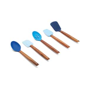Silicone Cooking Utensil Set, 5-Pieces, Blue, Wooden Handles